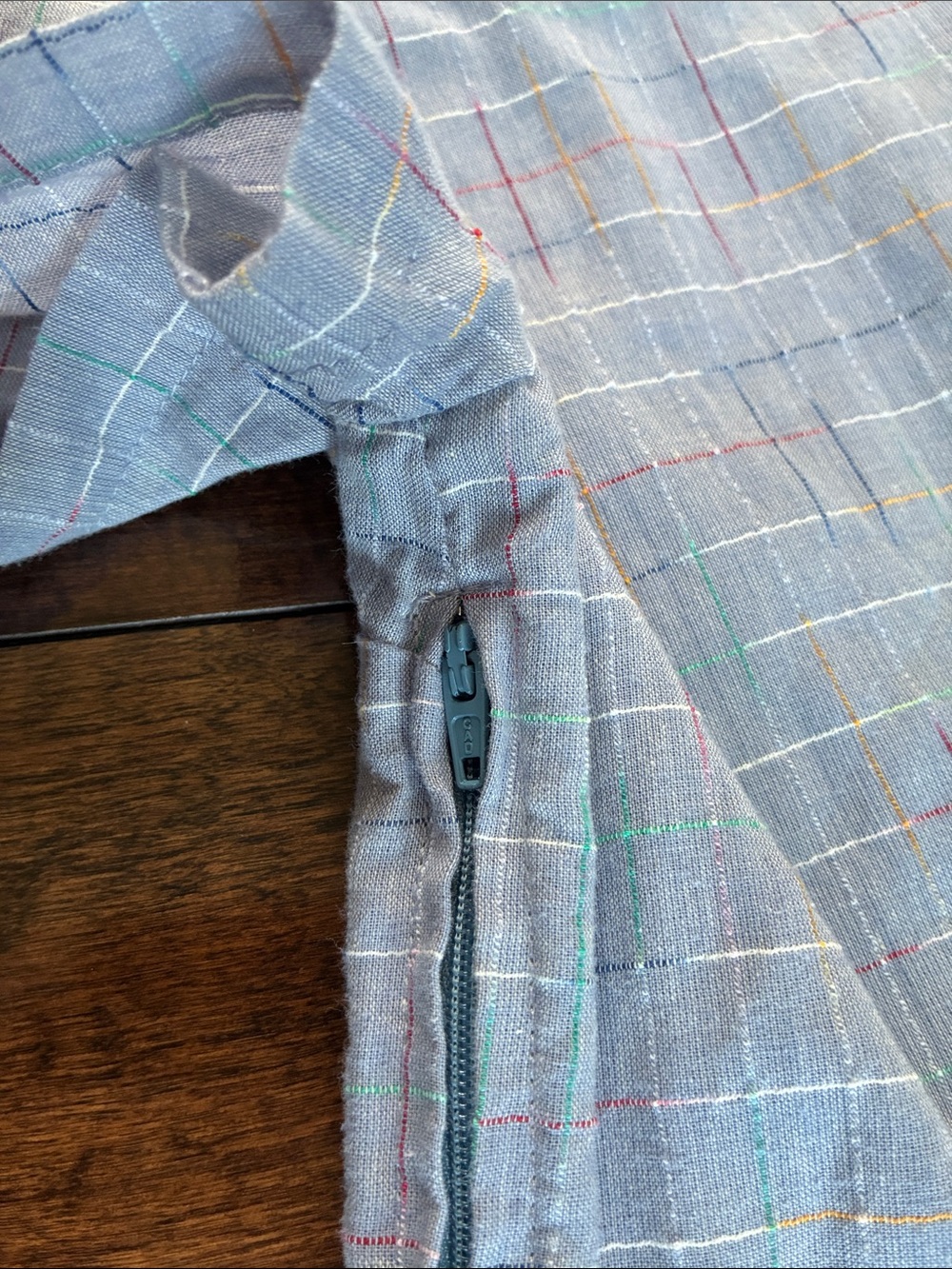 Modcloth Chambray Rainbow Stitched Dress Pockets Short Sleeve Cotton Size S - Picture 7 of 10